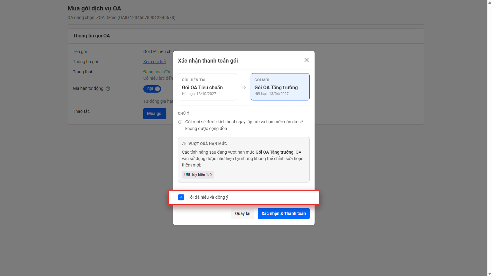 Popup Xác nhận thanh toán gói
