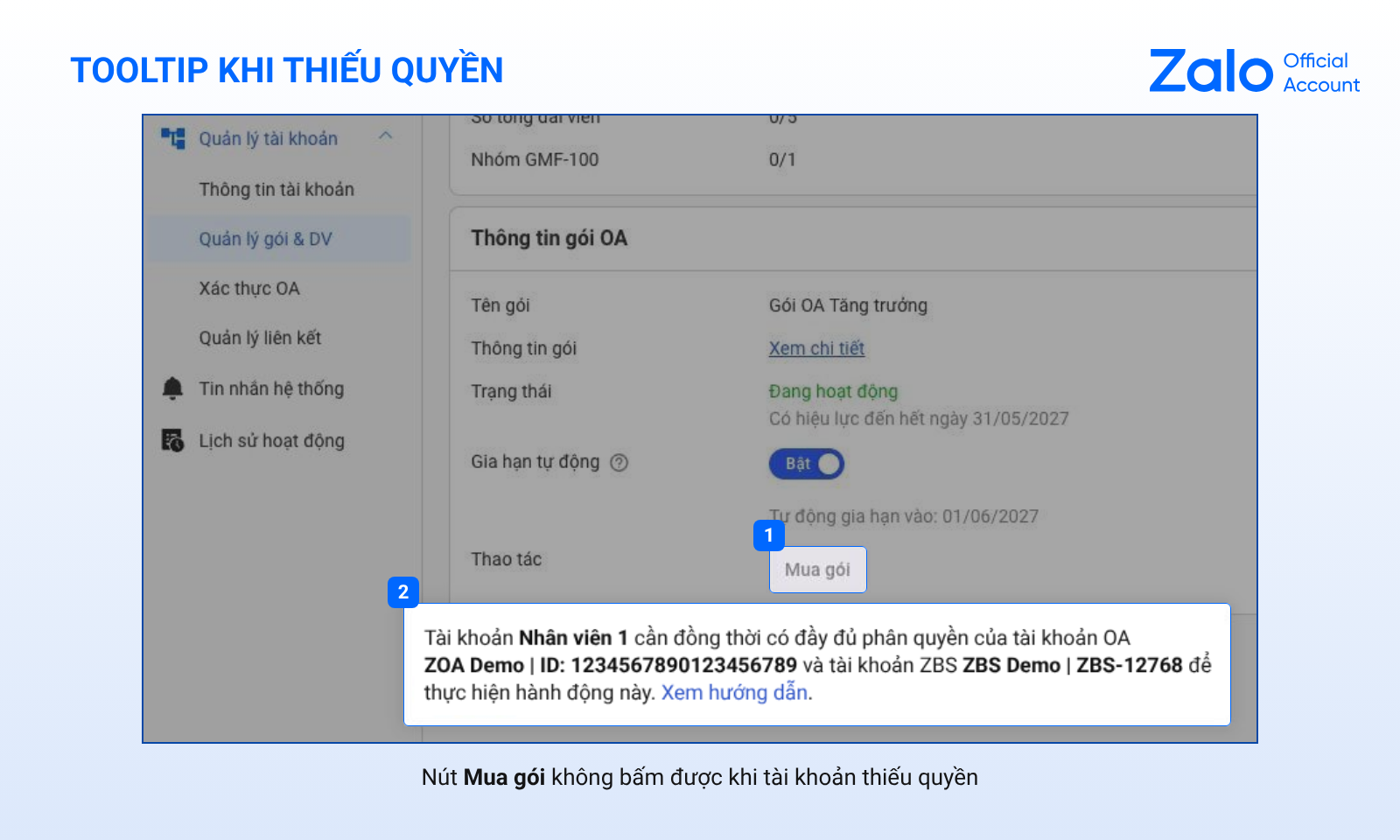 Thông báo khi tài khoản thiếu quyền mua gói